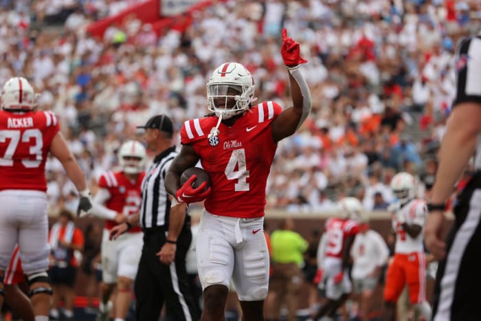 Ole Miss running back Quinshon Judkins was responsible for two rushing scores on Saturday.